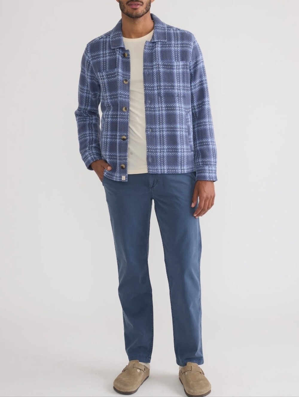 Marine Layer Textured Herringbone Overshirt Blue Plaid Men's Large Cabincore